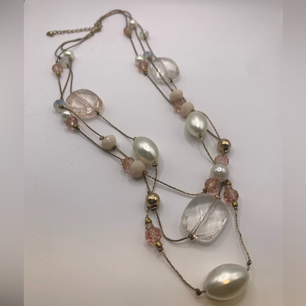 Vintage Gold Necklace with Pink White Clear beads 3 Strand Lobster Claw Closure